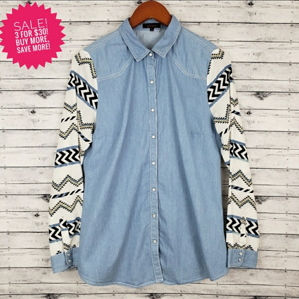 Lulumari | Tribal Sleeve Chambray Shirt Sz Small